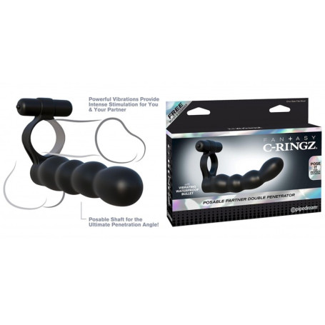Vibrating phallic ring with strap on fantasy c-ringz posable partner double penetrator